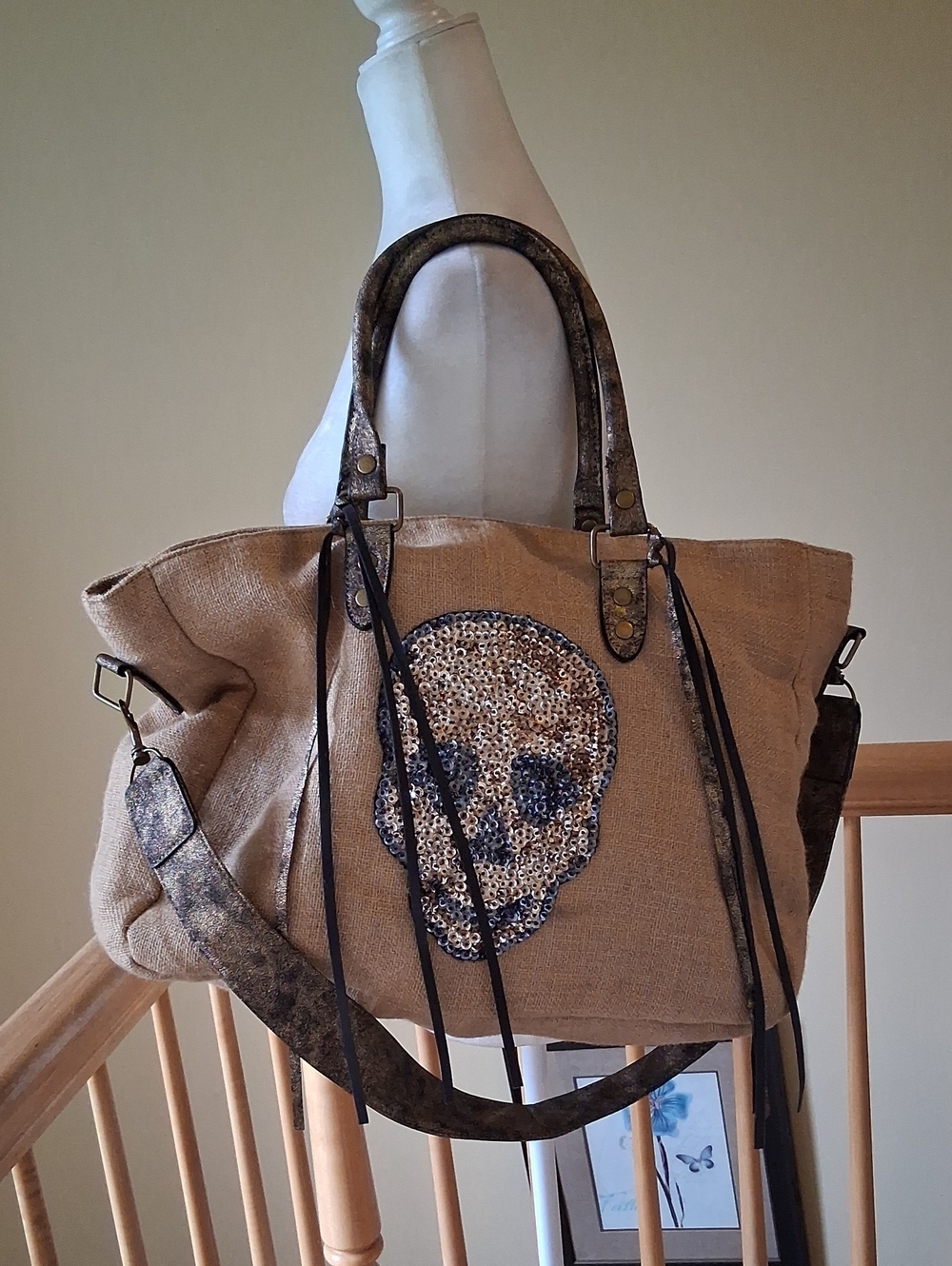 me.n.u. Tan Tote with Sparkling Skull Accent